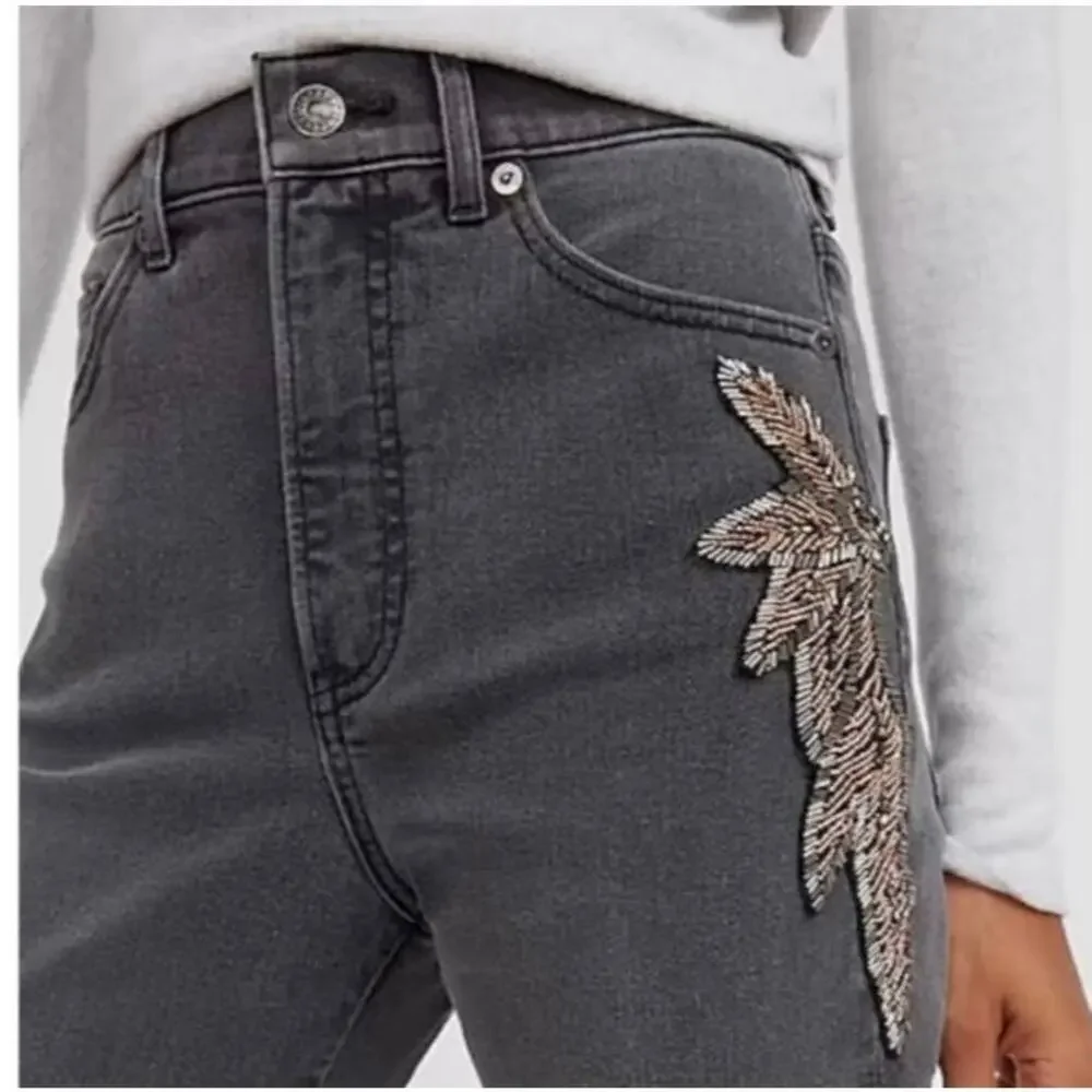 Express Super High Waisted Slim‎ Jeans Embellished Gray Faded Black Size 4R
